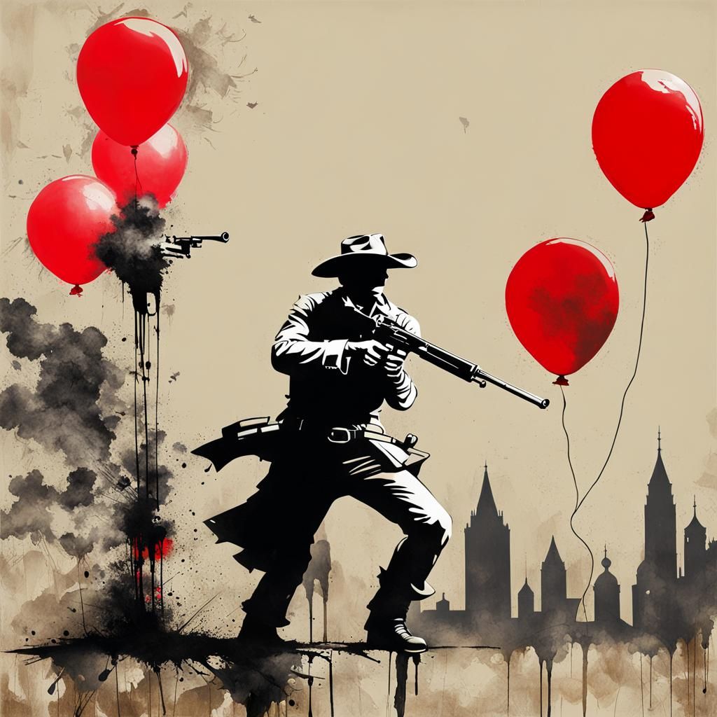 Cowboy and Balloon in Banksy-Style Ink Art