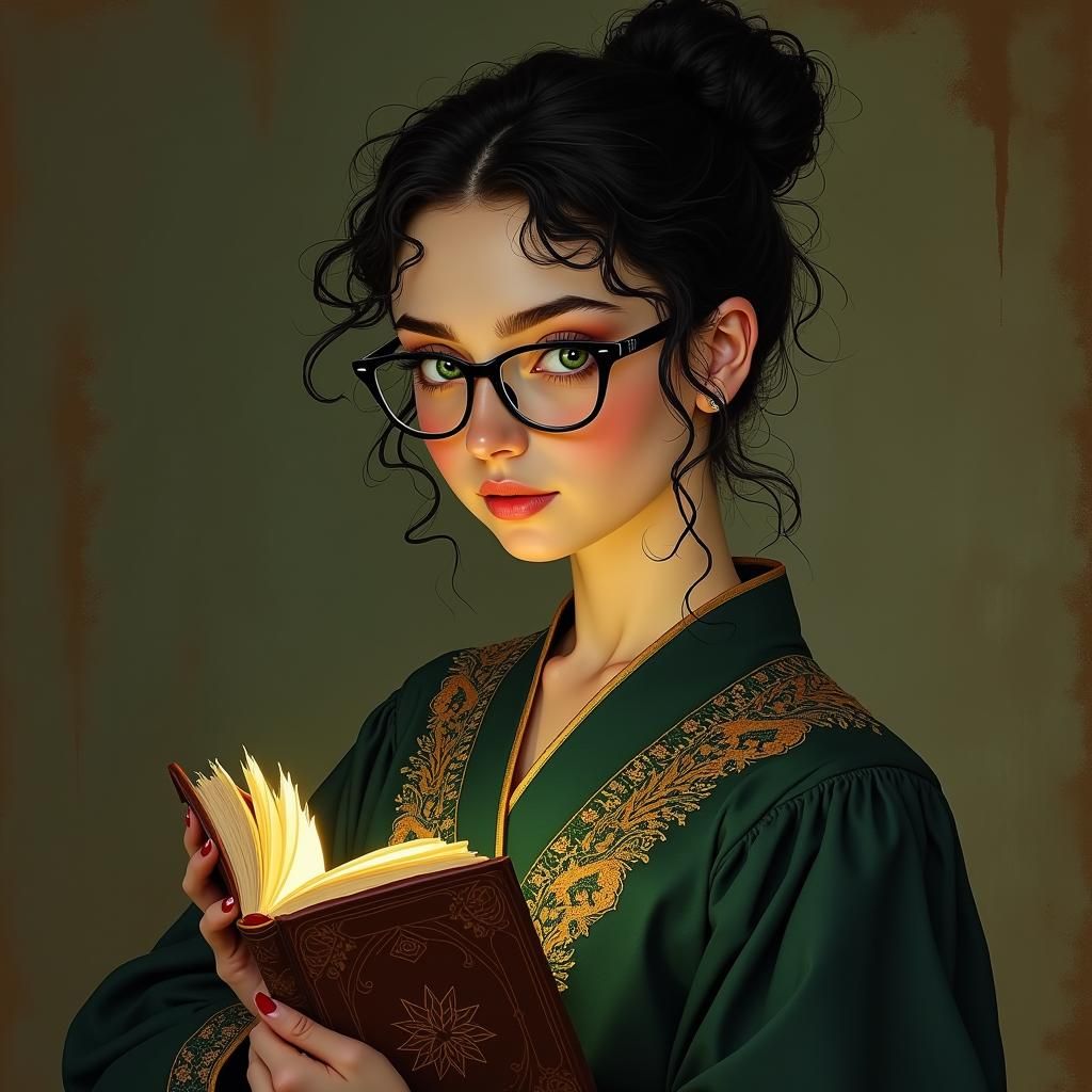 Emerald-Eyed Scholar in Golden Light