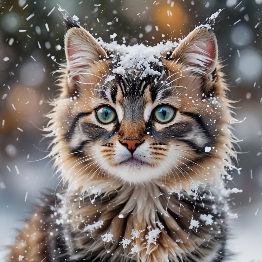 Vibrant Fauvist Portrait of a Kitten in Snowfall