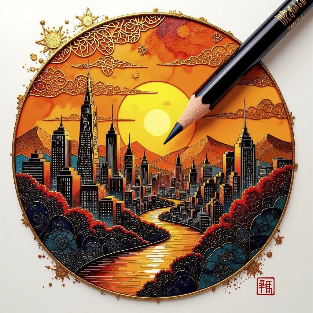 Kintsugi Mosaic Cityscape at Sunset, Charcoal Drawing