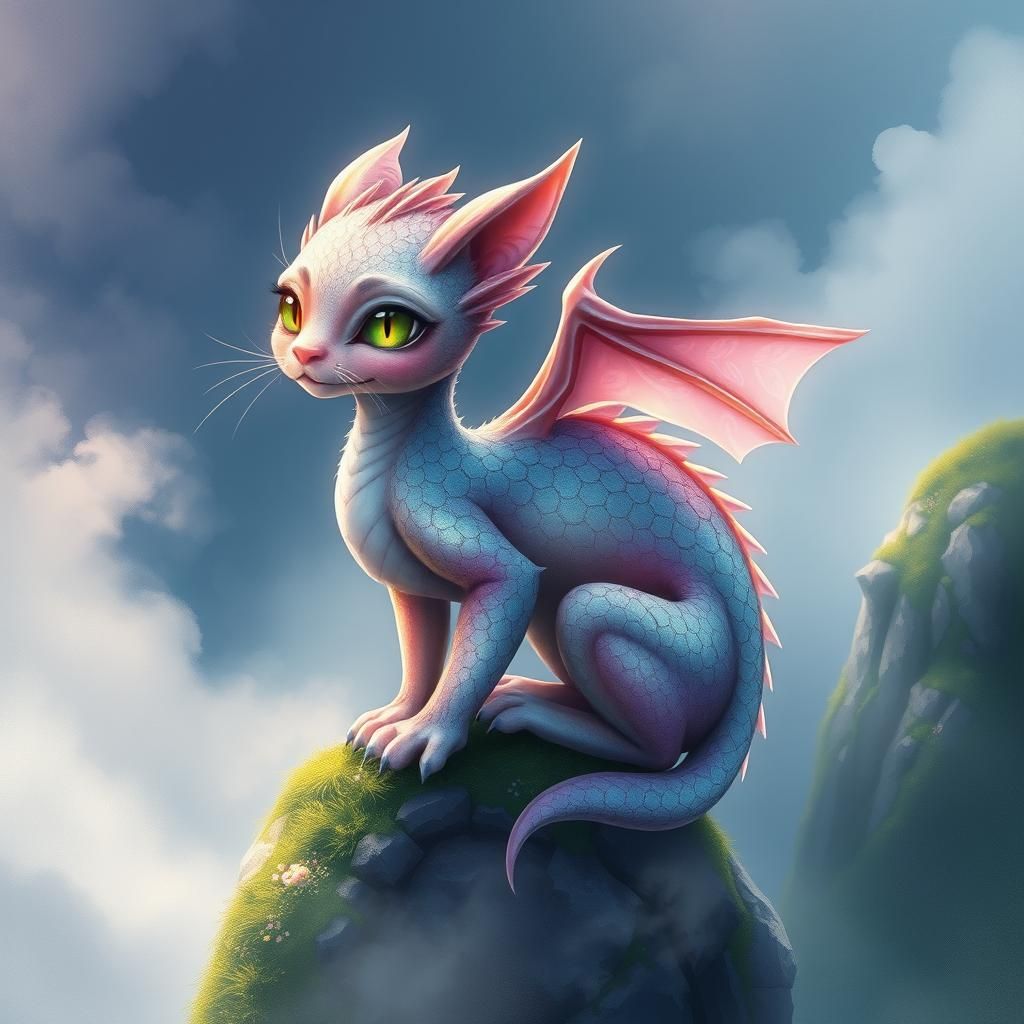 Mystical Dragon Cat on Misty Mountain Ledge