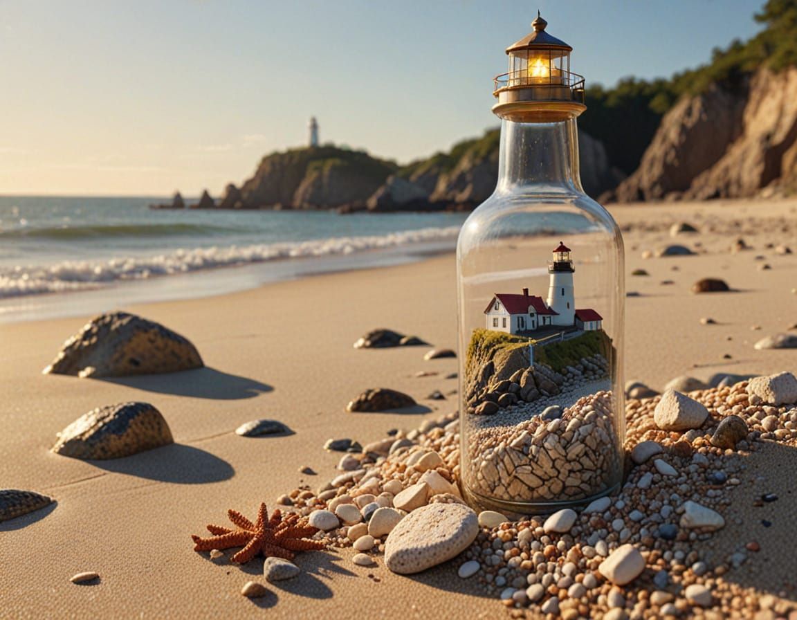 Lighthouse in a Bottle on Beach, Golden Hour