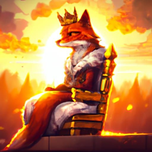 Red Anthro Fox King on Throne, Fantasy Art