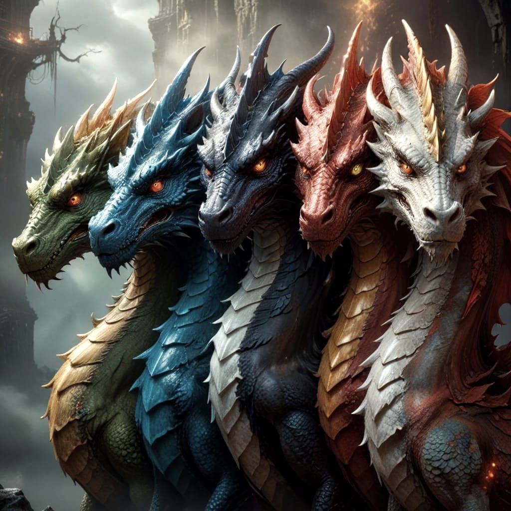 Five Dragons in Vibrant, Hyperrealistic Style