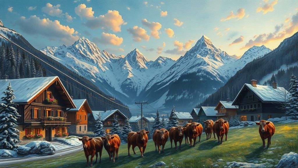 Charming Swiss Village in Alps at Sunset Oil Painting
