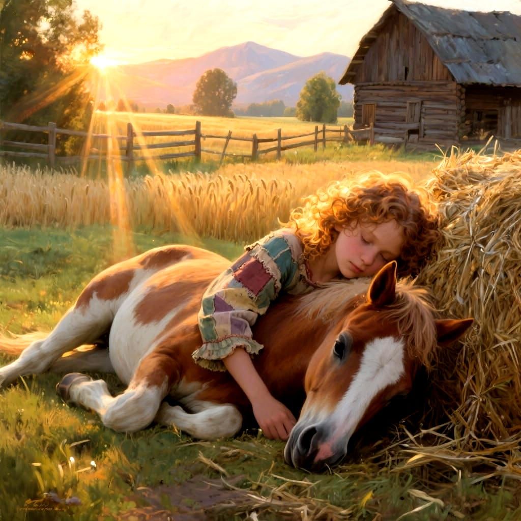 Dreamy Oil Painting of Girl and Foal at Sunrise
