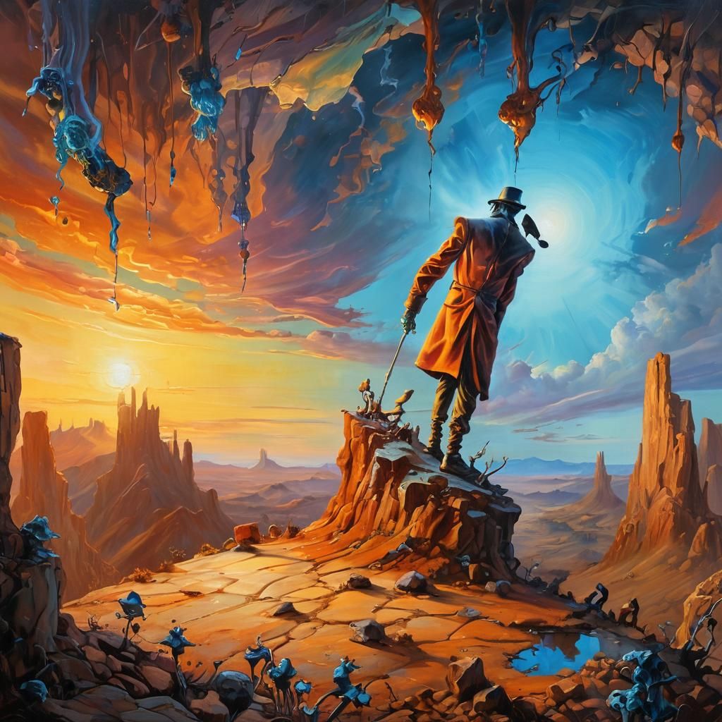 Surreal Mutant Pilgrim Overlooking Wasteland as Oil Painting