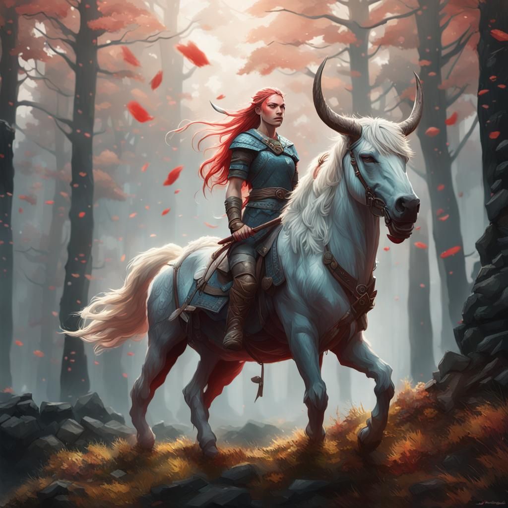Viking Girl in Storm with Red Rain