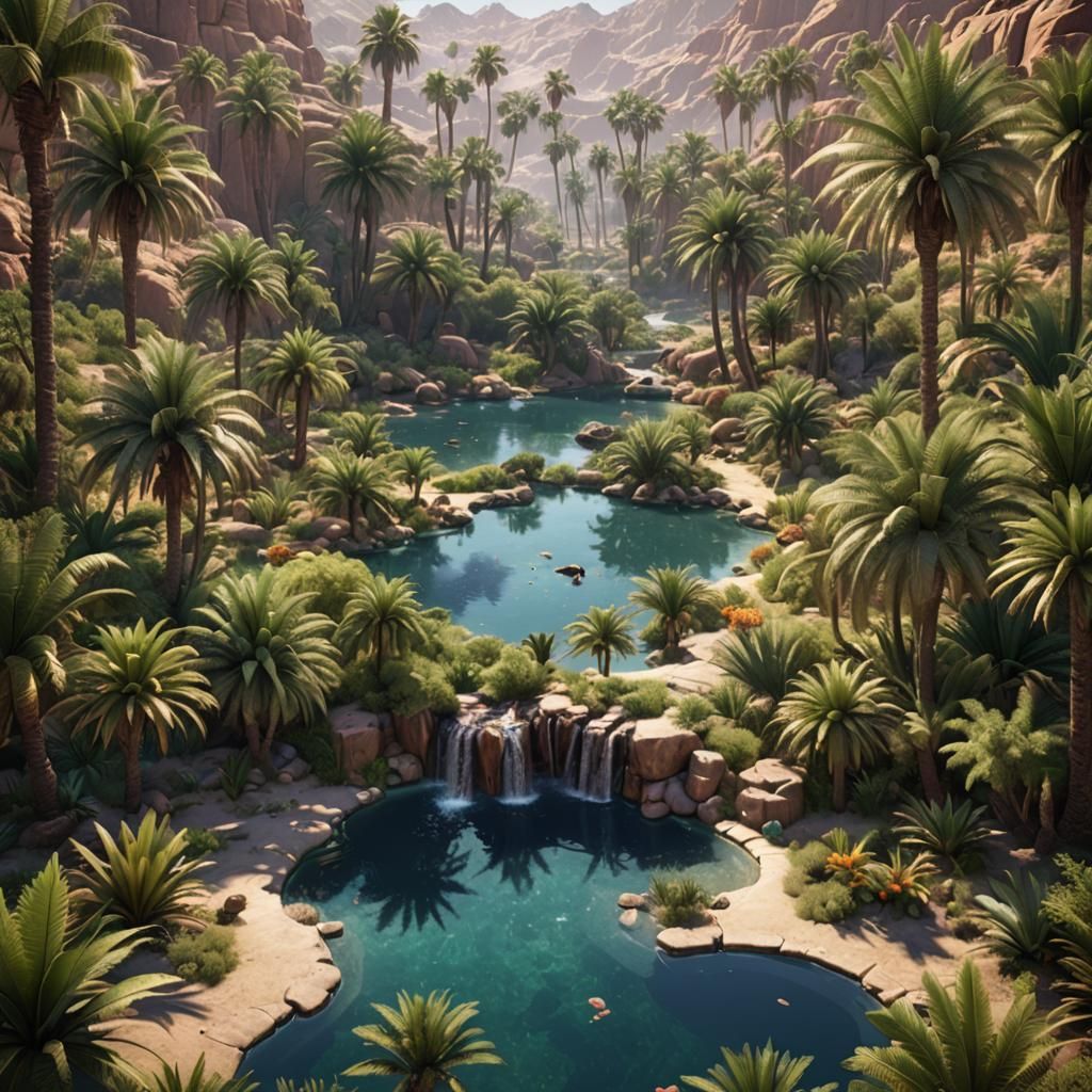 Lush Desert Oasis with Shimmering Pool, Fantasy Art