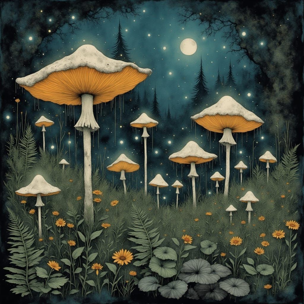 Glowing Fantastical Mushrooms in a Dreamlike Garden
