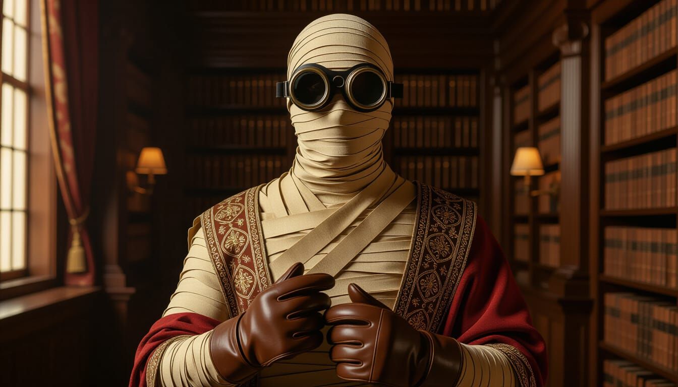 Mummy Librarian in Welding Goggles and Fancy Robe