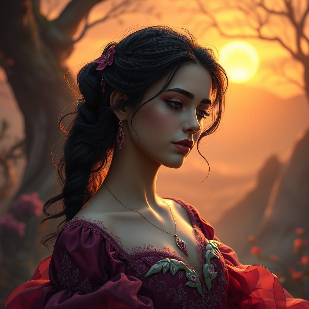 Whimsical Princess Lost in a Fantastical Sunset