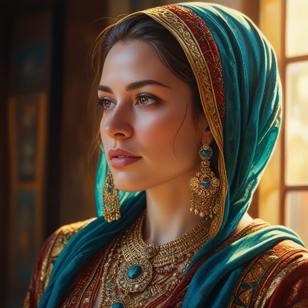 Hyper-Realistic Oil Painting of Woman in Gold Light