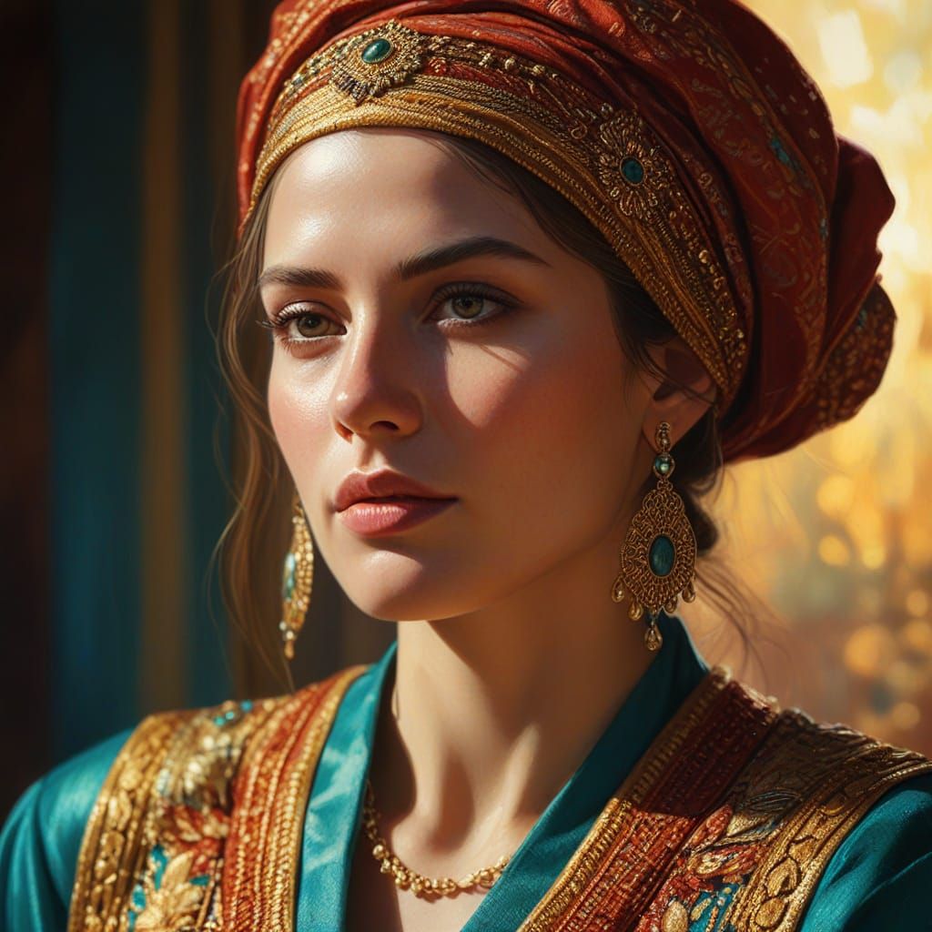 Hyper-Realistic Oil Painting of Woman in Gold Light