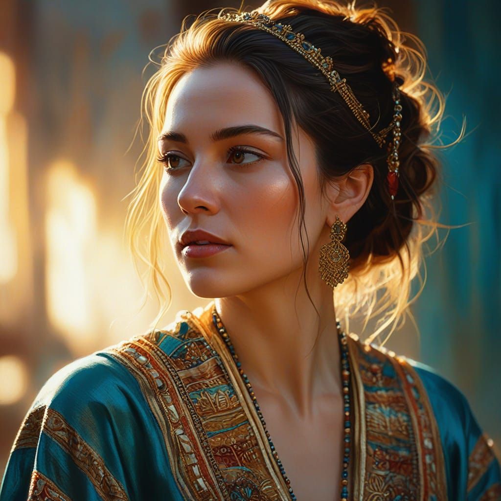 Woman in Oil Painting with Golden Light