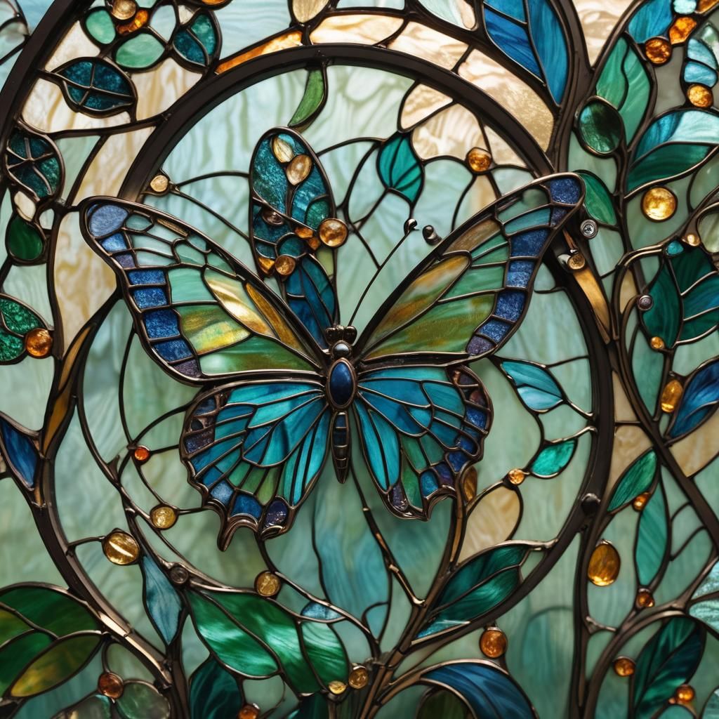 Iridescent Stained Glass Butterfly in Art Nouveau Style