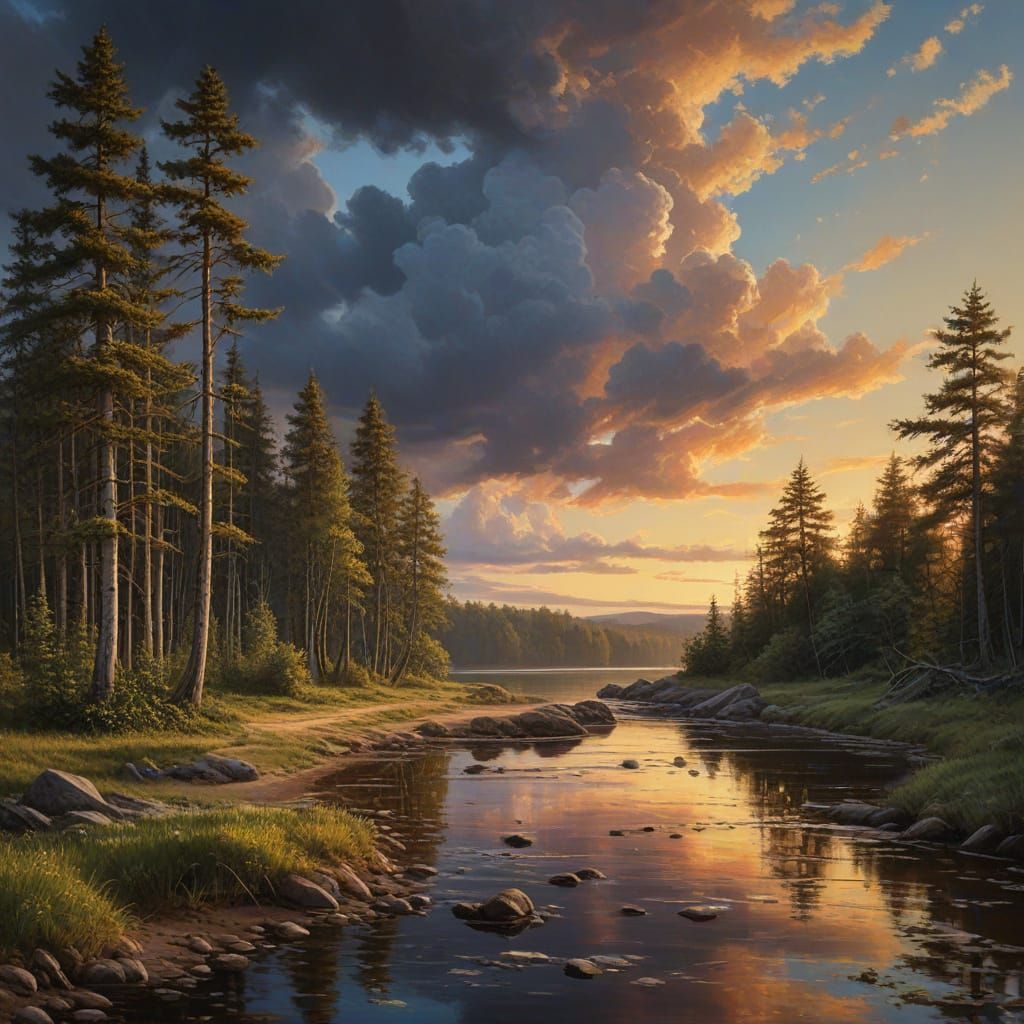 Wooded Shores Oil Painting in Magical Realism Style