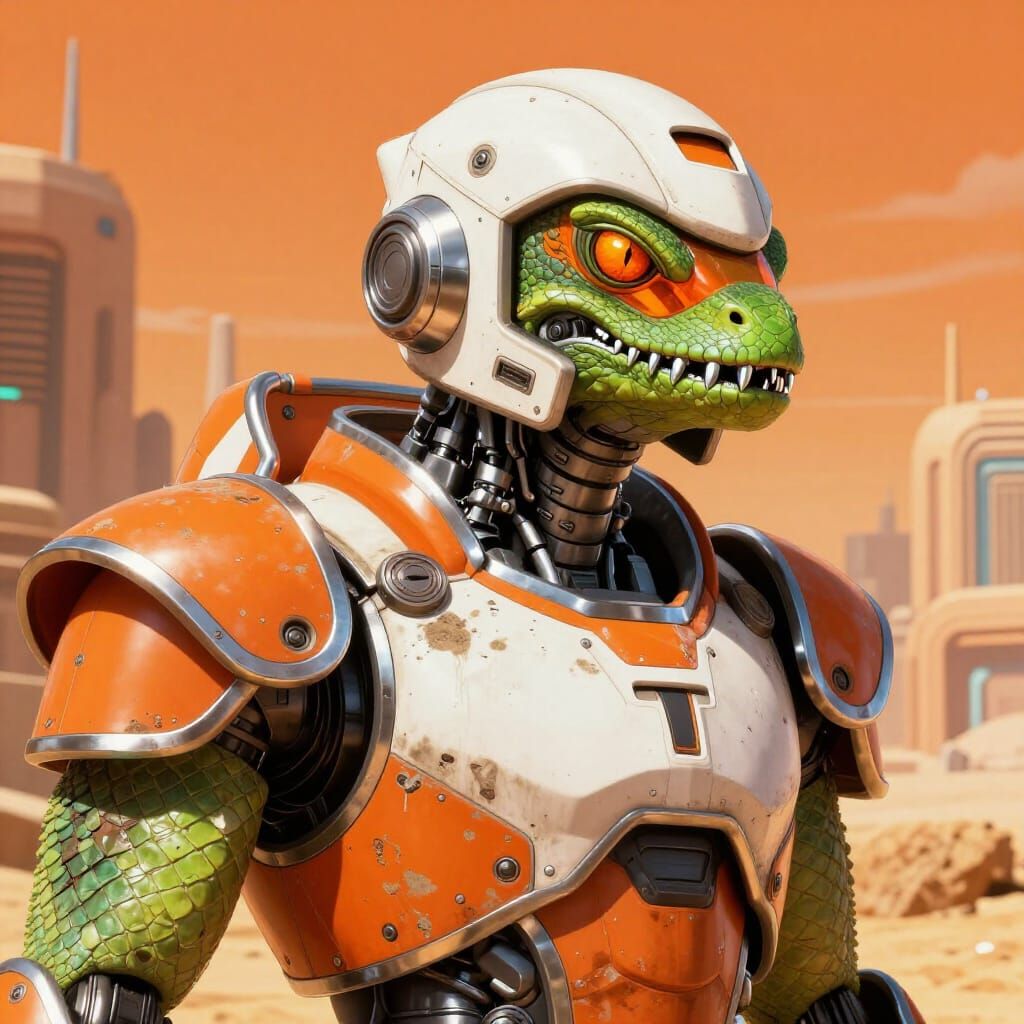 Retro Futuristic Lizardman Cyborg Warrior Portrait