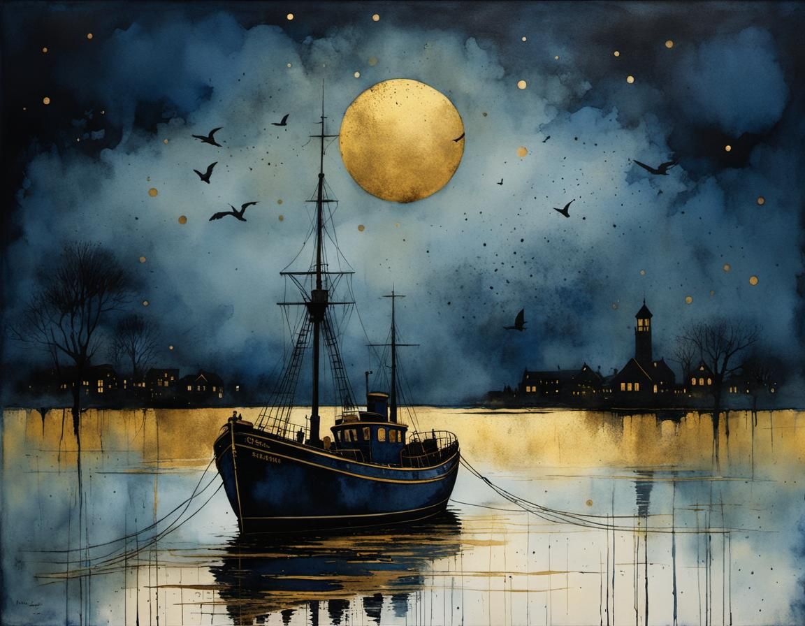 Navy and Gold Dawn: Gritty Watercolor Fantasy Art