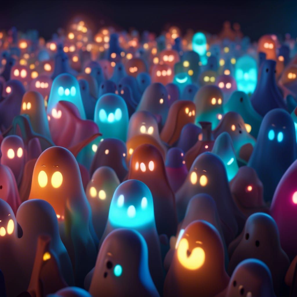 Cute Luminous Ghosts in a Fantasy Swarm