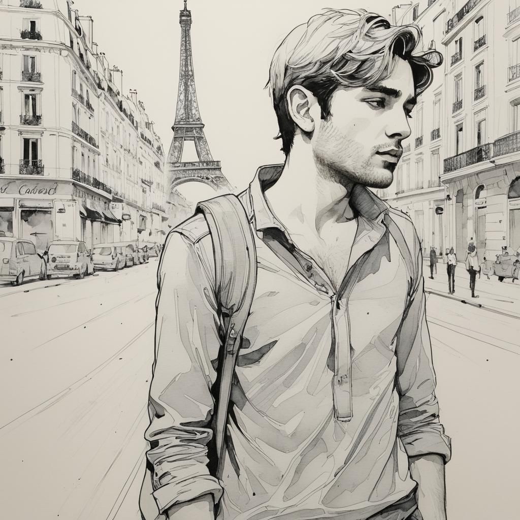 Parisian Man in Pen and Watercolor Style