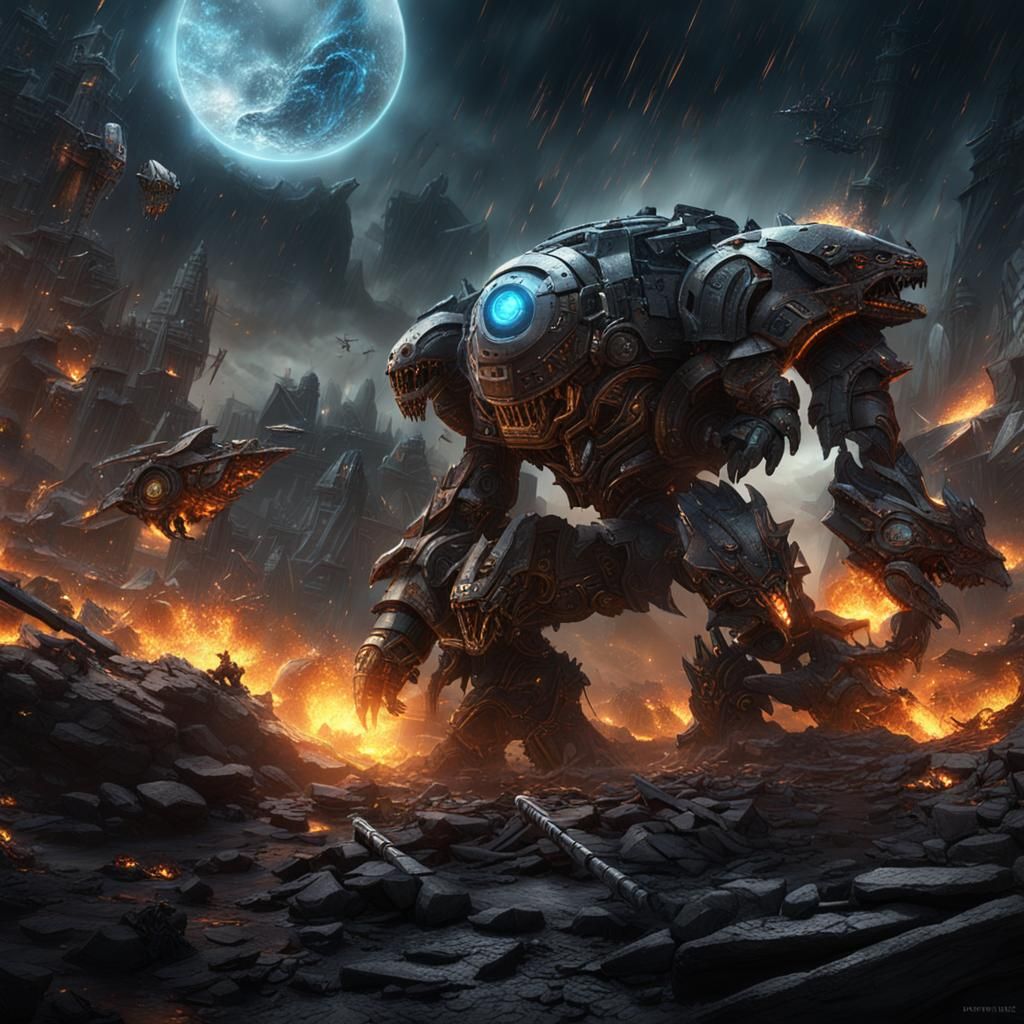 Epic Battle: Earth Machines vs Evil Machines in Fantasy Art