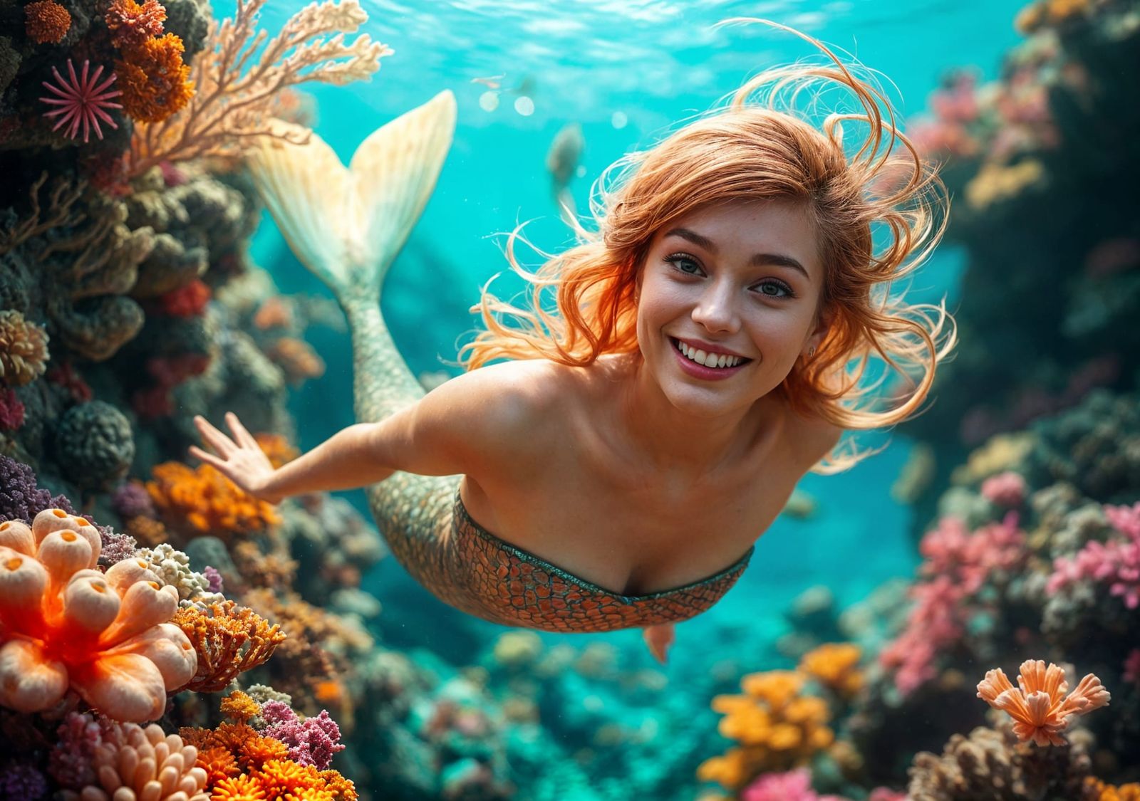 Smiling Mermaid in Vivid Coral Reef