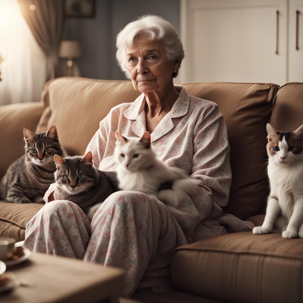 Cozy Evening: Woman with Cats, Detailed Matte Painting