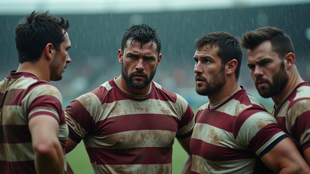 Intense Rugby Match: Fierce Resolve in the Rain