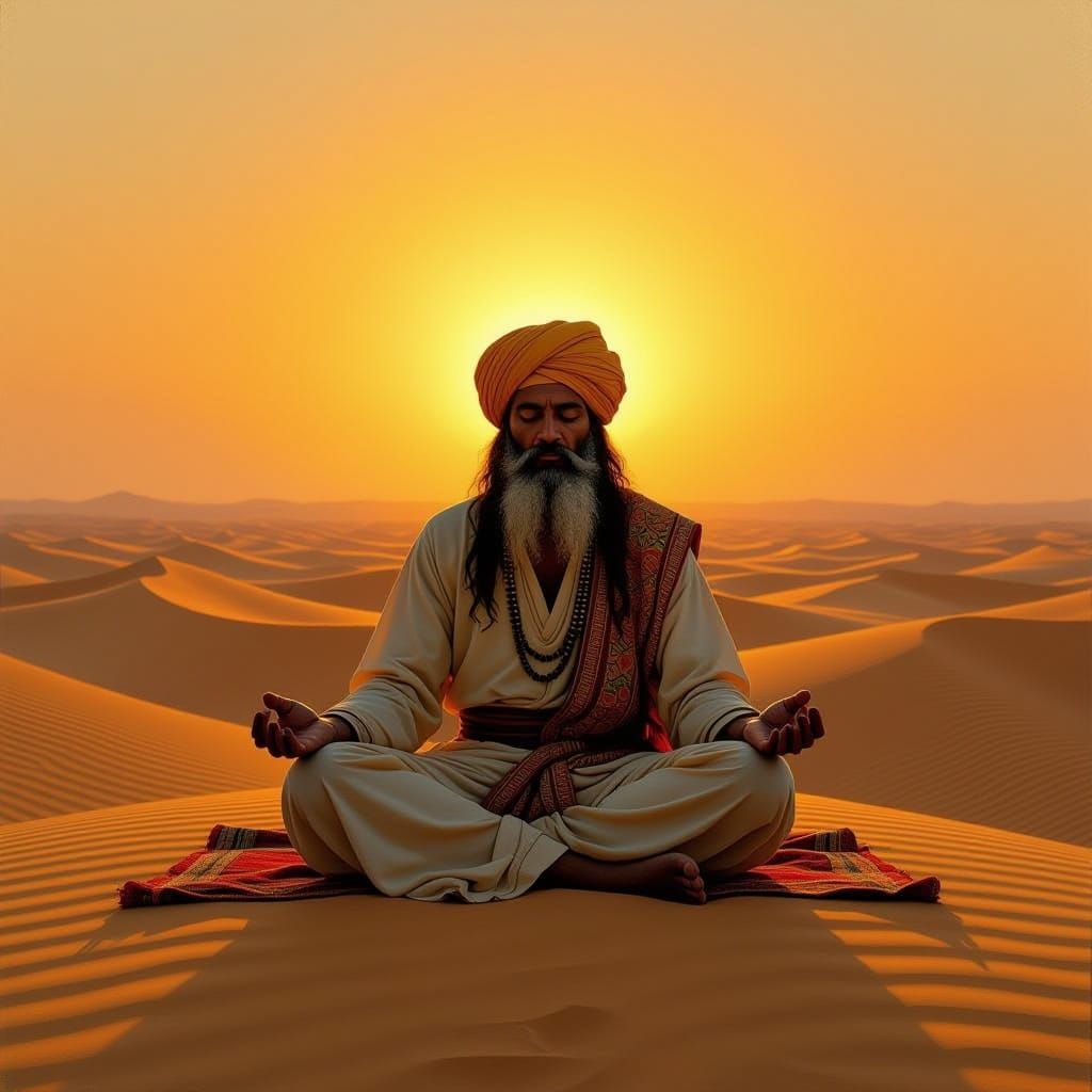 Fakir Meditating in Desert Sunset, Renaissance Style