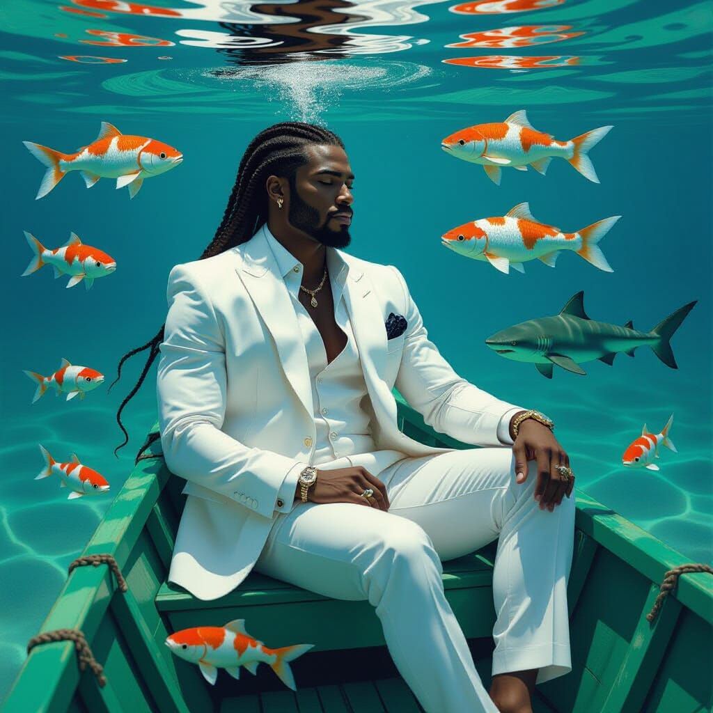 Man in White Suit on Green Boat with Sharks and Koi Fish