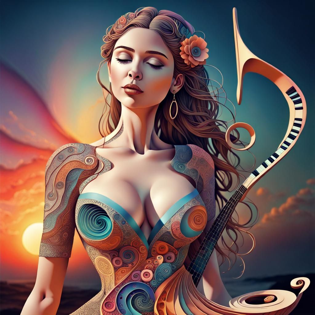 Dreamlike Woman and Music Note in Art Brut Style