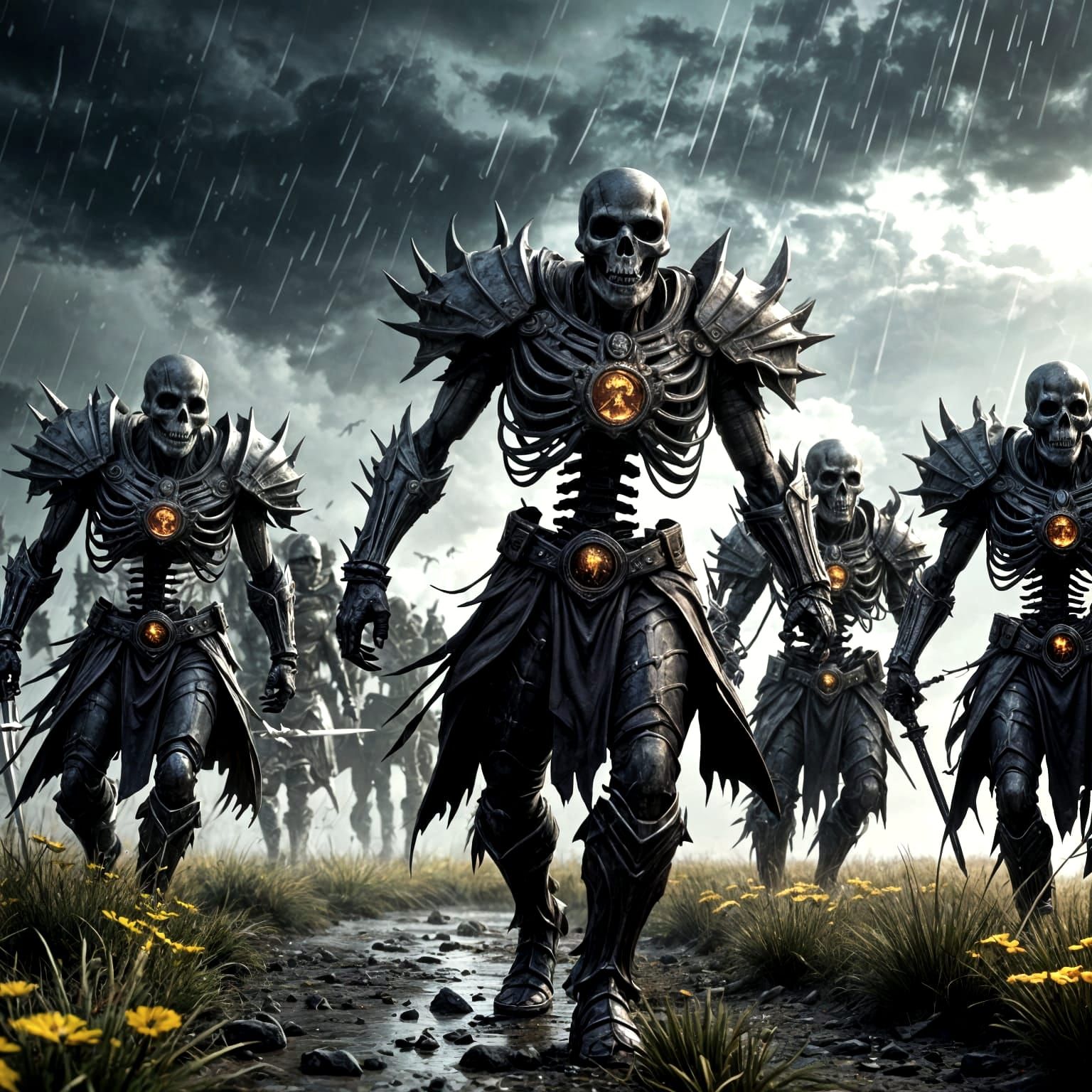 Ethereal Skeleton Warriors Storm a Cloudy Battlefield