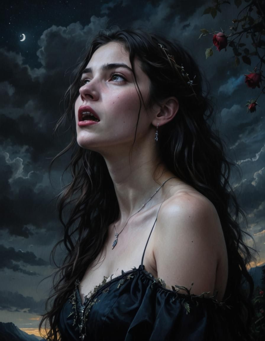 Chiaroscuro Portrait: Woman in Stormy Landscape