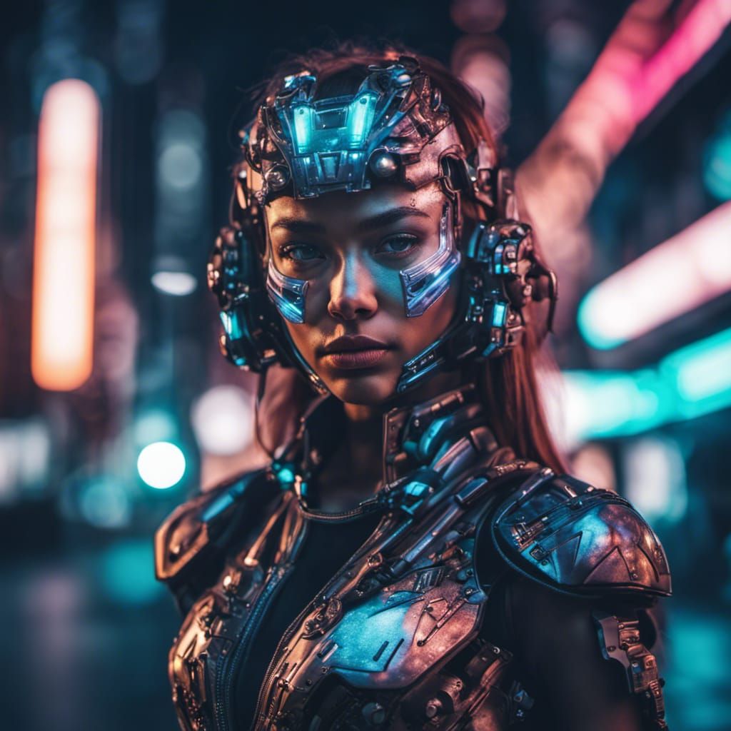 Cyborg Girl Portrait in Neon City at Night
