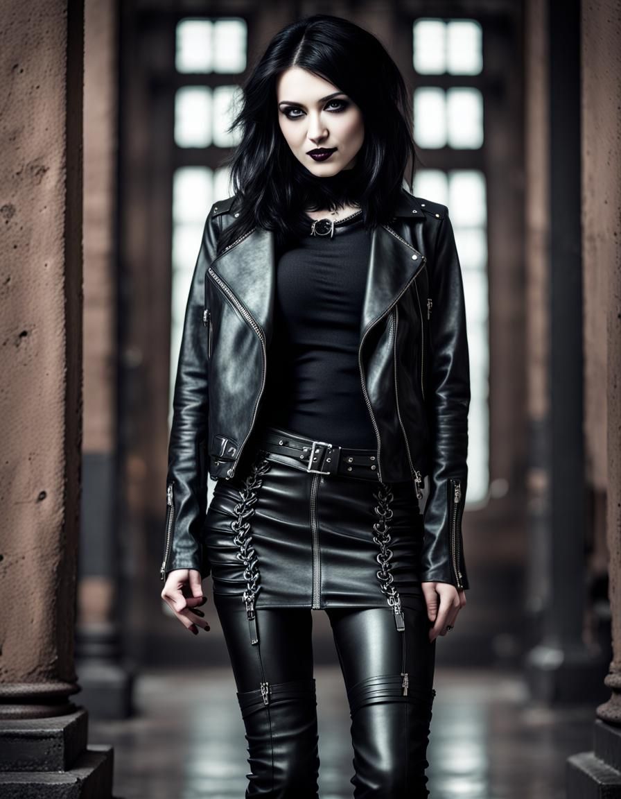 Goth Girl in Black Leather Outfit