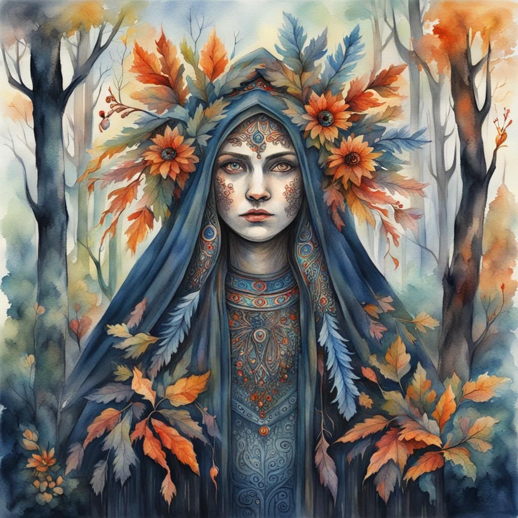 Ukrainian Folklore Woman in Dark Forest