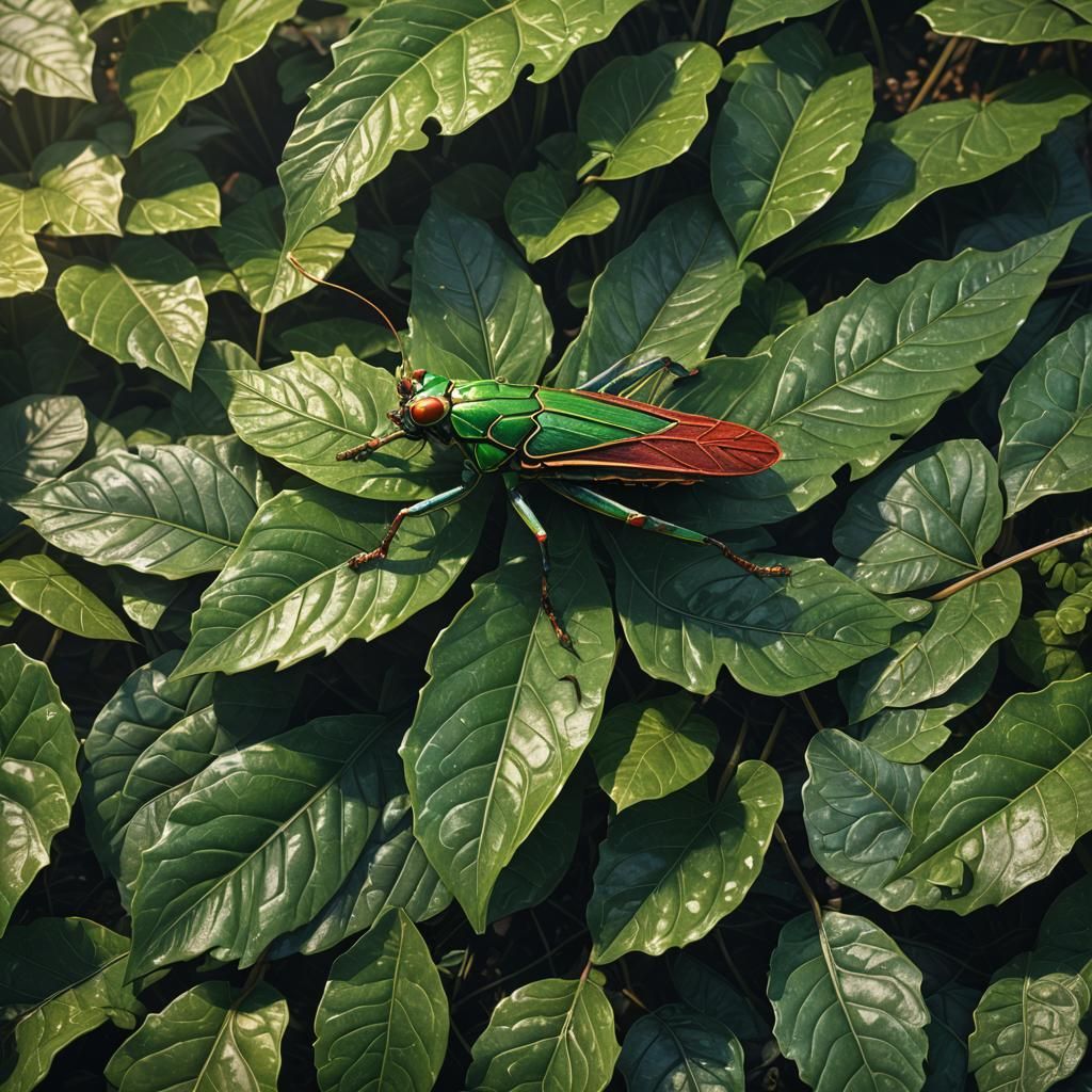 Hyperrealistic Grasshopper Sunbathing: Detailed Matte Painti...