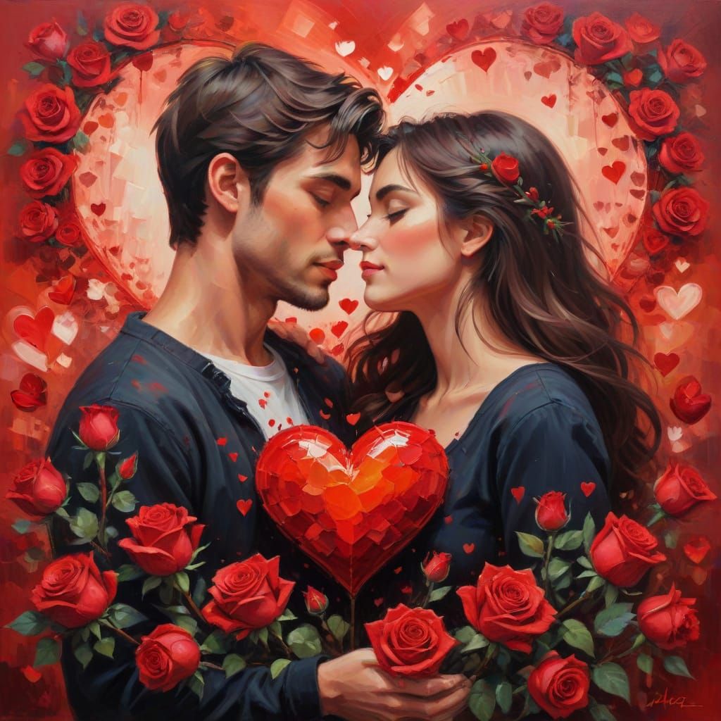 Ethereal Oil Painting of Love in Vibrant Red Tones