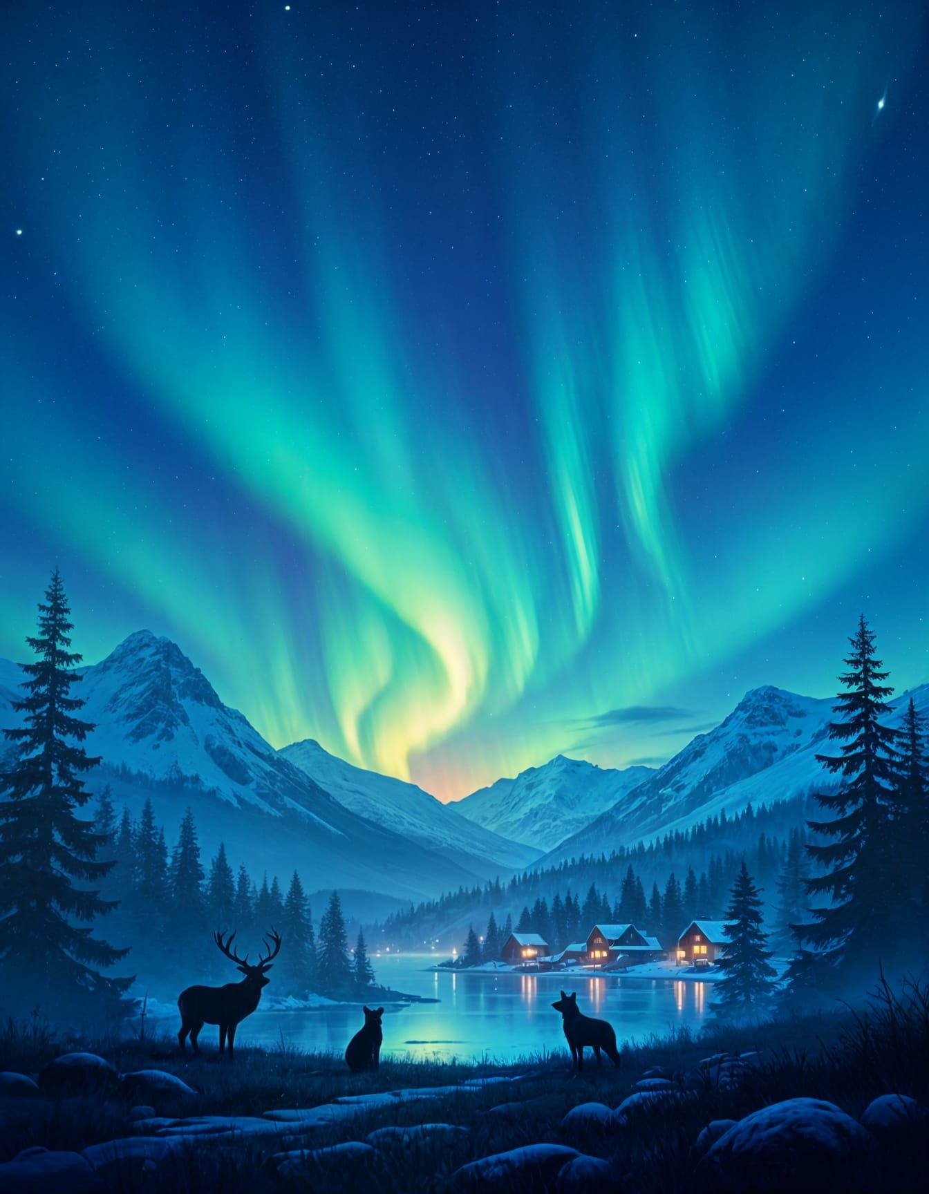 Magical Northern Lights Over Mountain Village at Night