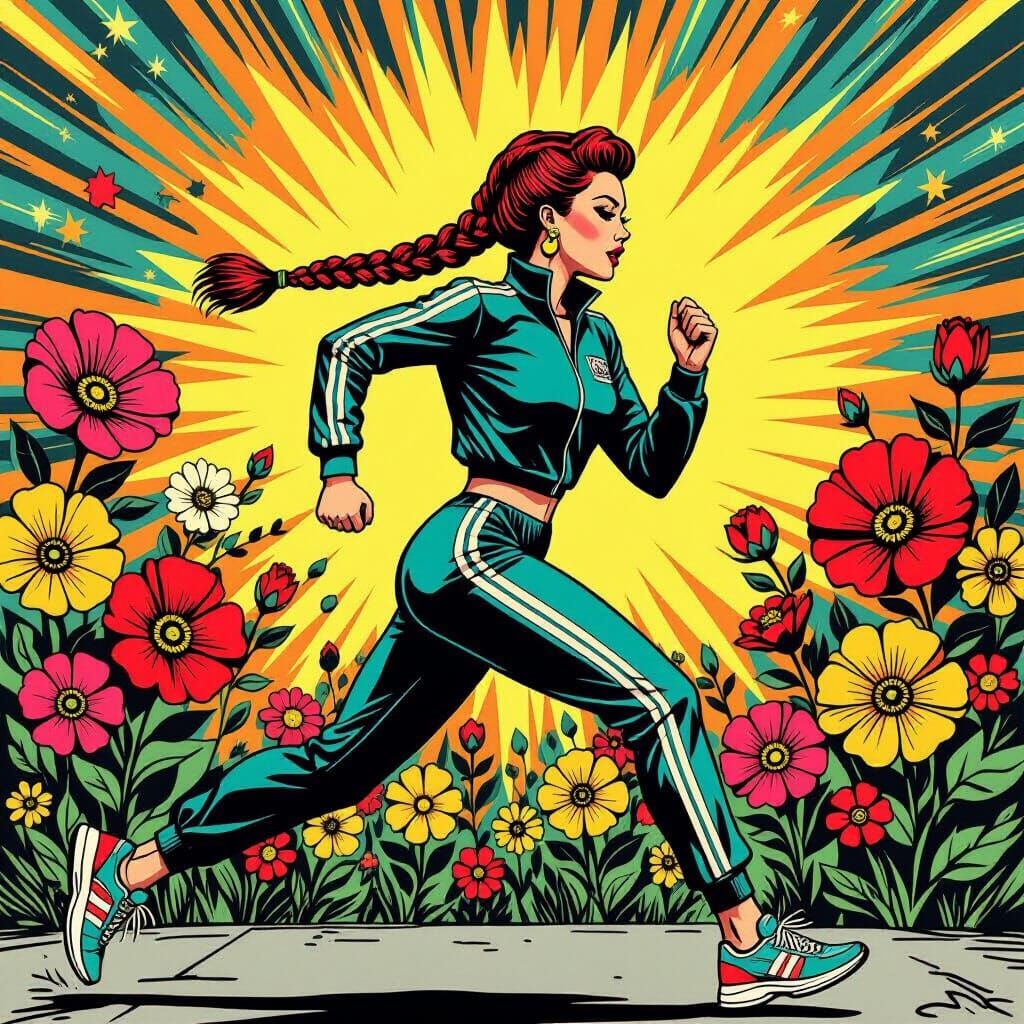 1960s Woman Running Amidst Floral Explosion in Comic Style
