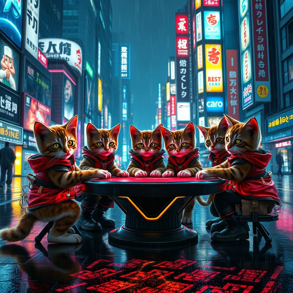 Neon-Lit Kitten Gangs Converge in Rain-Soaked Tokyo Night