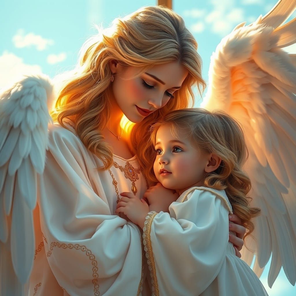 Angel and Little Girl in Serene Summer Scene