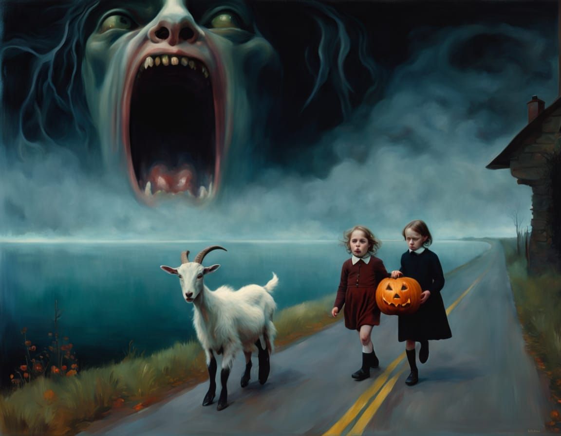 Sinister Halloween Scene: Children Trick-or-Treating in Eeri...