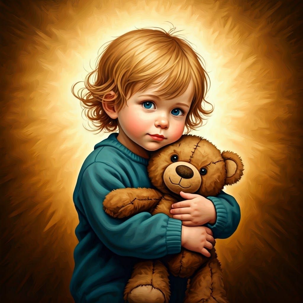 Toddler's Gentle Embrace: Impressionistic Oil Painting