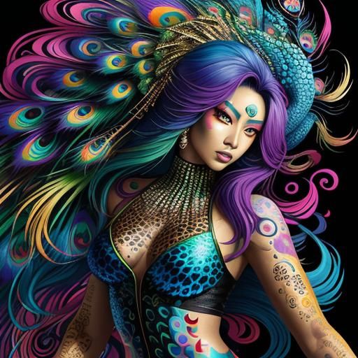 Asian Woman with Dragon Scales in Graffiti Art Style