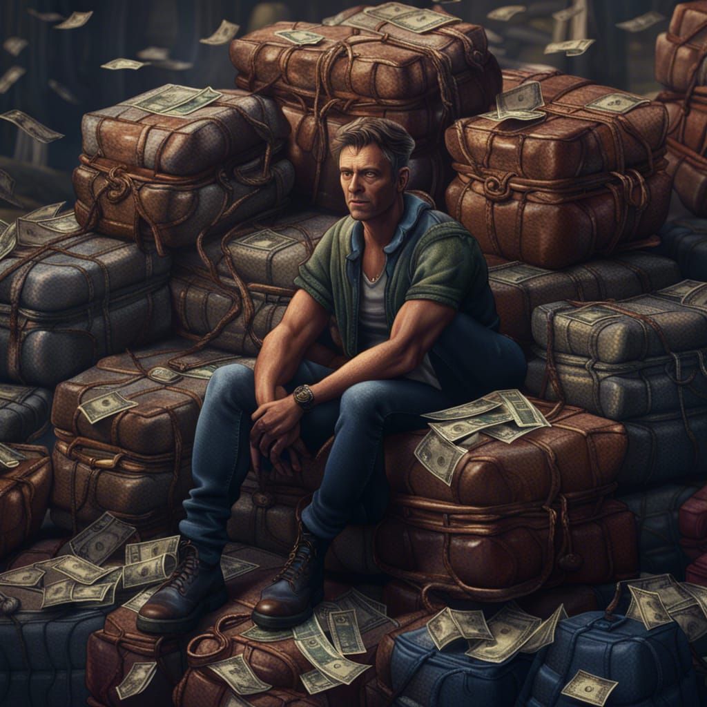 Man Sitting on Bags of Money in Detailed Painting