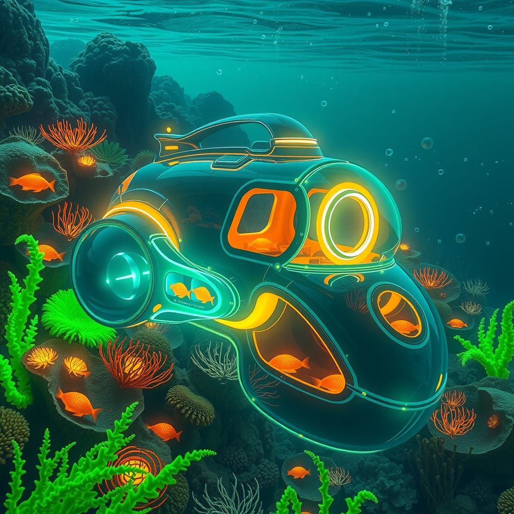 Futuristic Submarine Exploring Bioluminescent Coral Reef