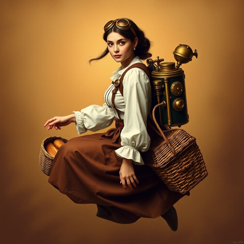 Steampunk Tradwife Soars Through the Air on Brass Jetpack