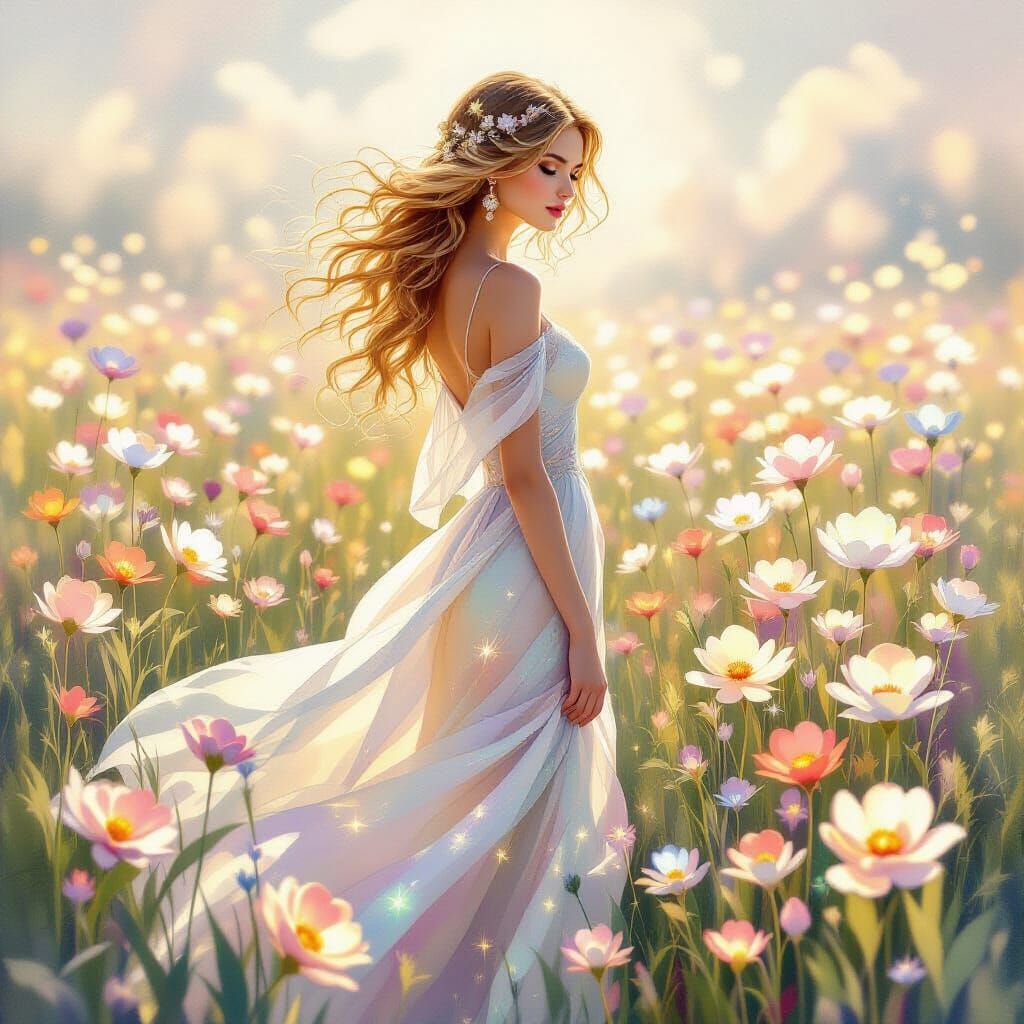 Ethereal Woman in Field of Iridescent Flowers